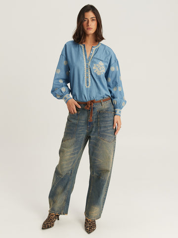 Rubi Embroidered Denim Blouse