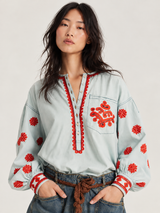 Robi Mid Blue Embroidered Denim Blouse