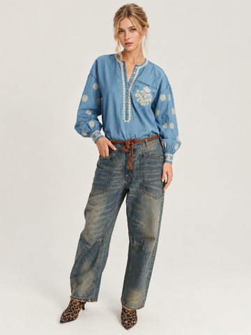 Robi Bleach Embroidered Denim Blouse
