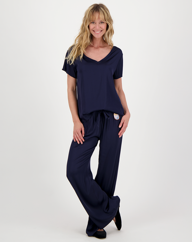 Jasmin Blue Black Solid V Neck Shirt