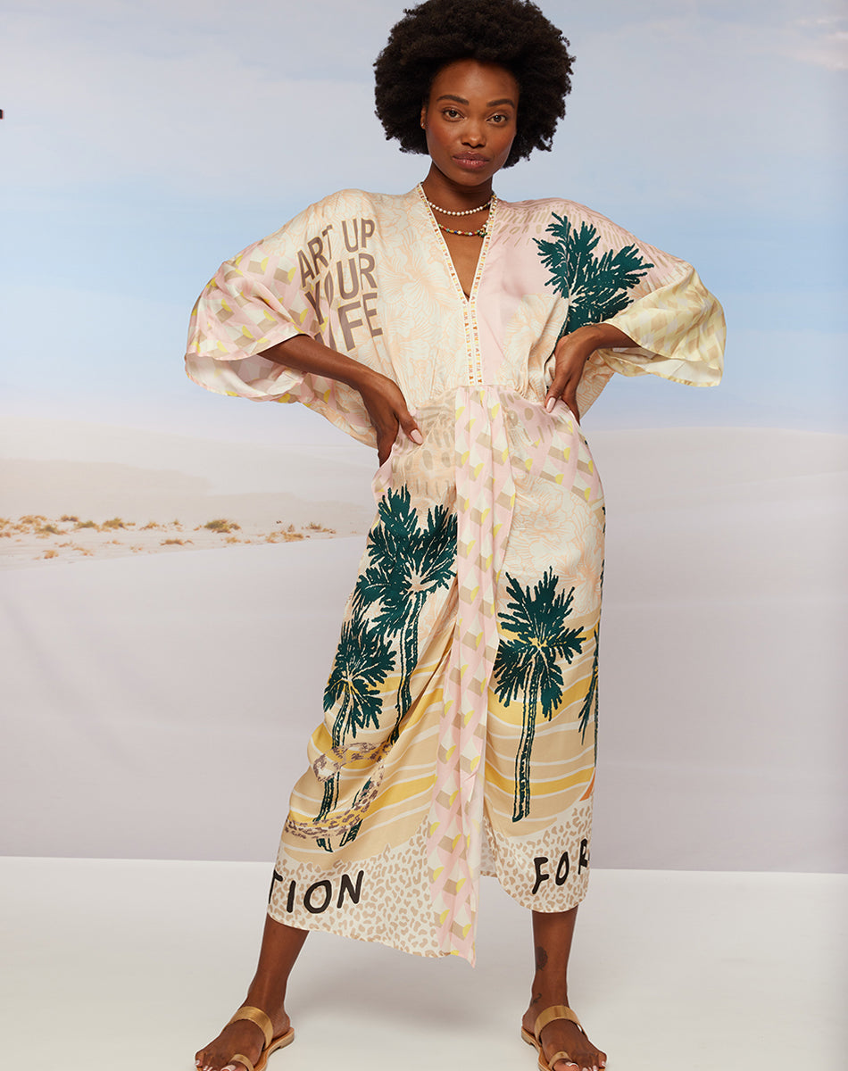 fitted dress with kimono 051625 Our Blue Print Unique Kimono Sleeves Maxi Dress Small